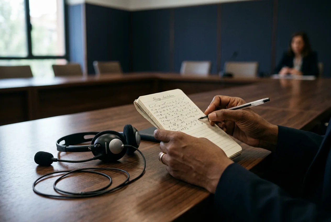 Interpreter's notepad with consecutive-interpreting notes and a headset on a conference table in a courthouse meeting room